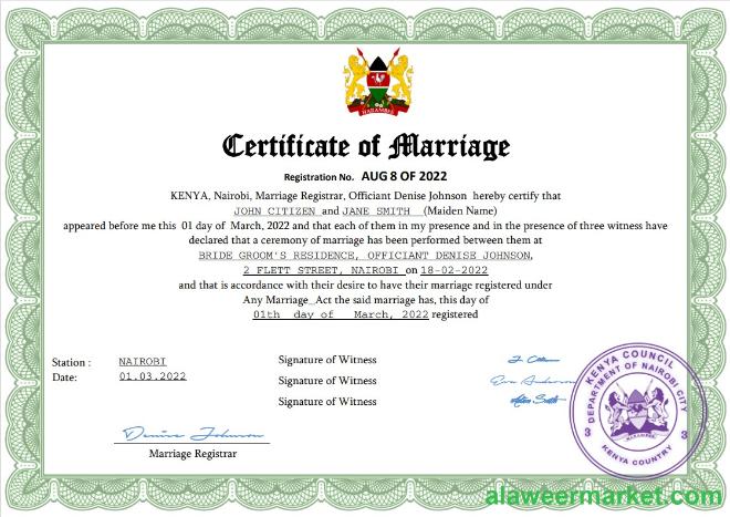 Kenya marriage certificate Word and PDF template